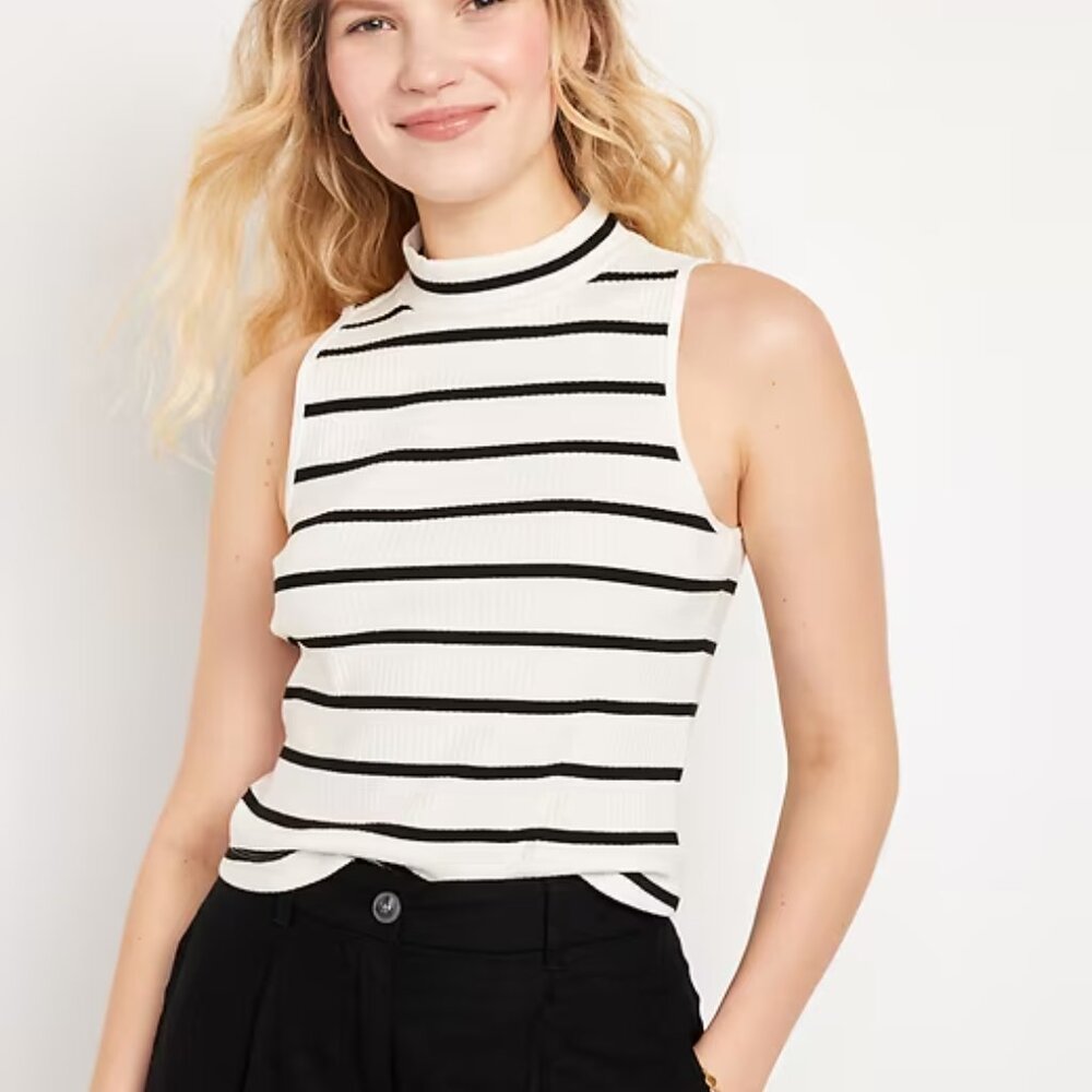 Old Navy Black and White Striped Mock Neck Tank Top 2X
